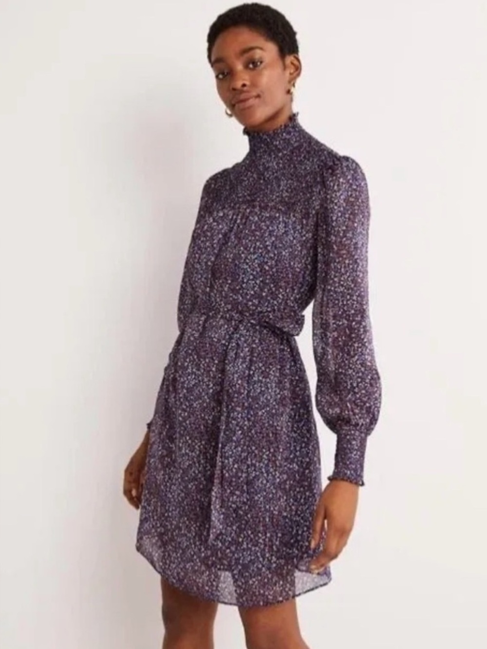 Boden Navy Floral Long-Sleeve Smocked Neck Dress